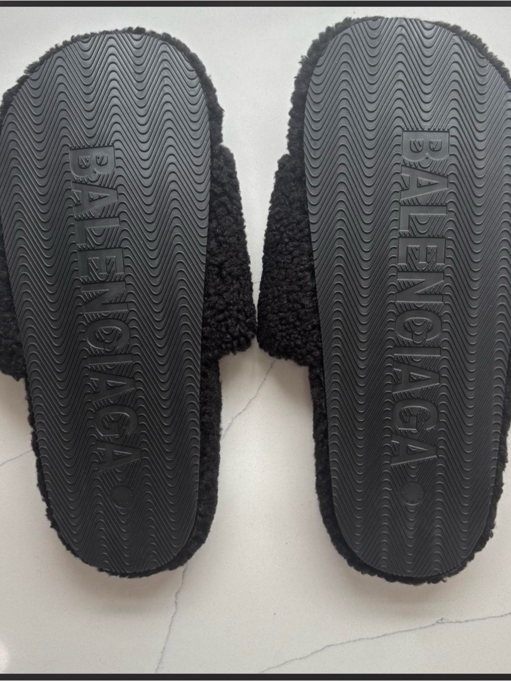 Balenciaga Black Plush Logo Slide Sandals with Red & White Trim - Picture 4 of 4
